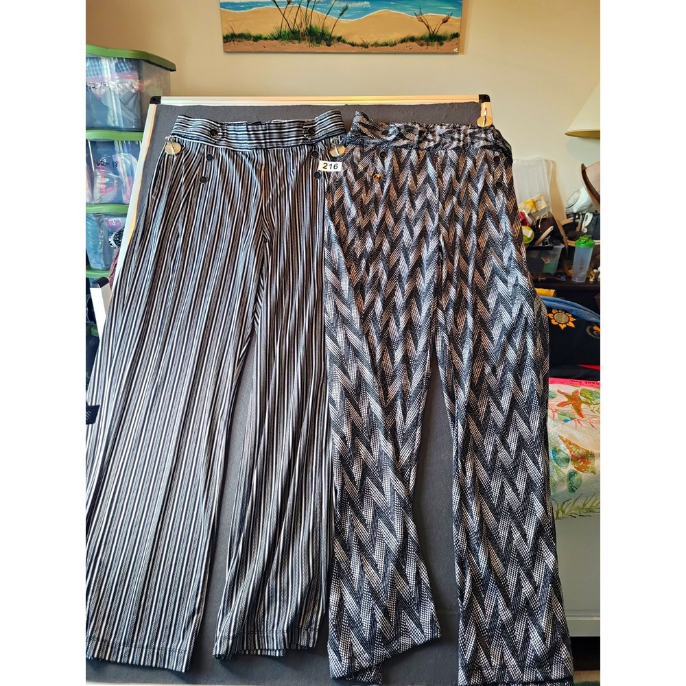 Robert Louis Women's L Black/White Striped Wide-Leg Stretch Pants 27" 2 PAIR!